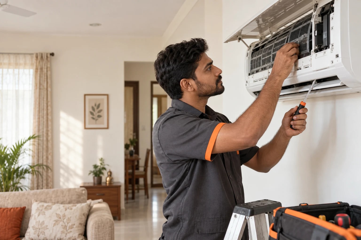 Illustrative technician inspecting an air conditioner at home